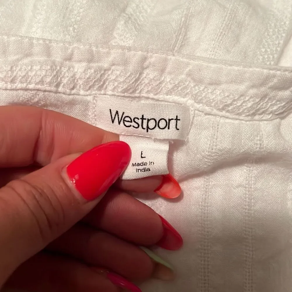 Westport Women's White Striped Lace Short Sleeve Neck Tie Top Size Large